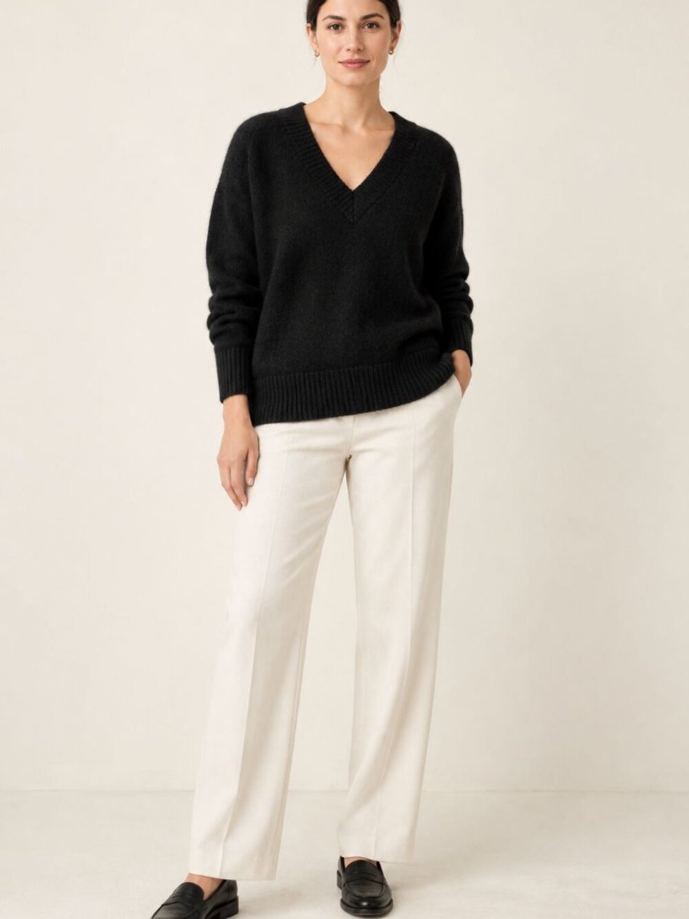 J.Crew Black Merino Wool Alpaca V-Neck Sweater L Quiet Luxury Oversized Minimal